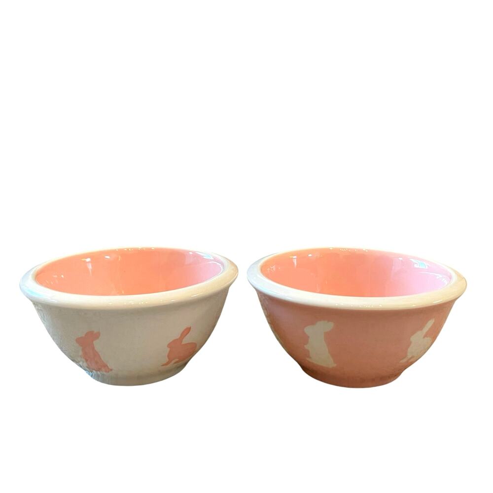 TERRAMOTO CERAMIC Pink & White Bunny Tidbit Bowls Set of 2 Easter Decor New